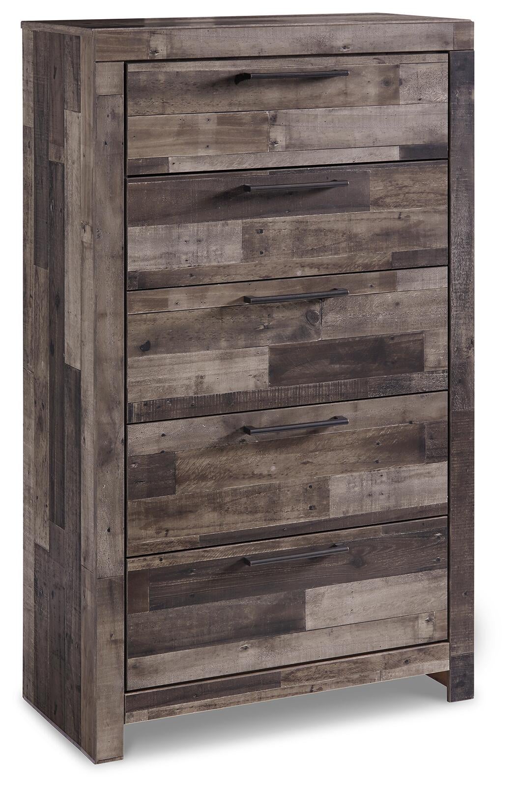 Cama Queen Derekson con 6 cajones, cómoda con espejo, cómoda y mesita de noche
