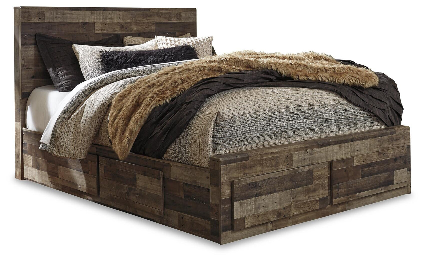 Cama Queen Derekson con 6 cajones, cómoda con espejo, cómoda y mesita de noche