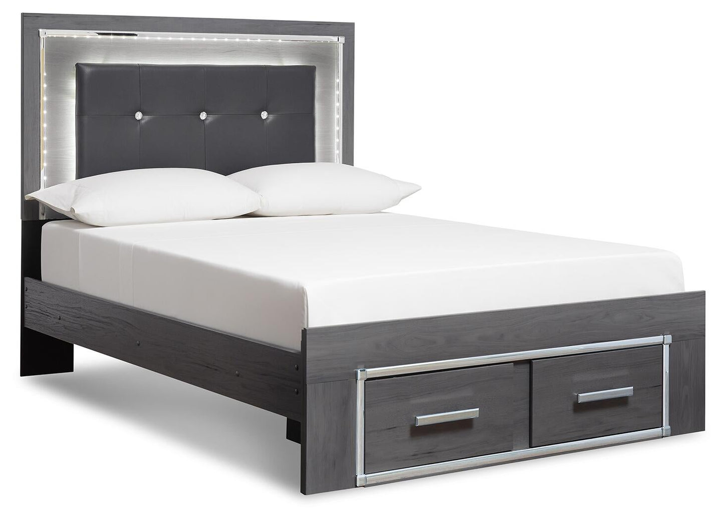 Cama King Lodanna con dos cajones, cómoda con espejo y mesita de noche