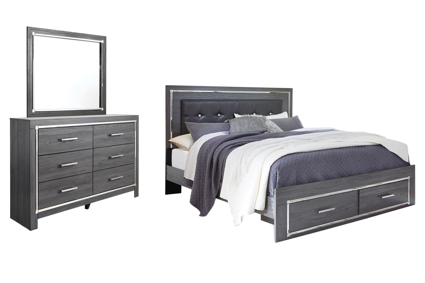 Cama King Lodanna con dos cajones y tocador con espejo