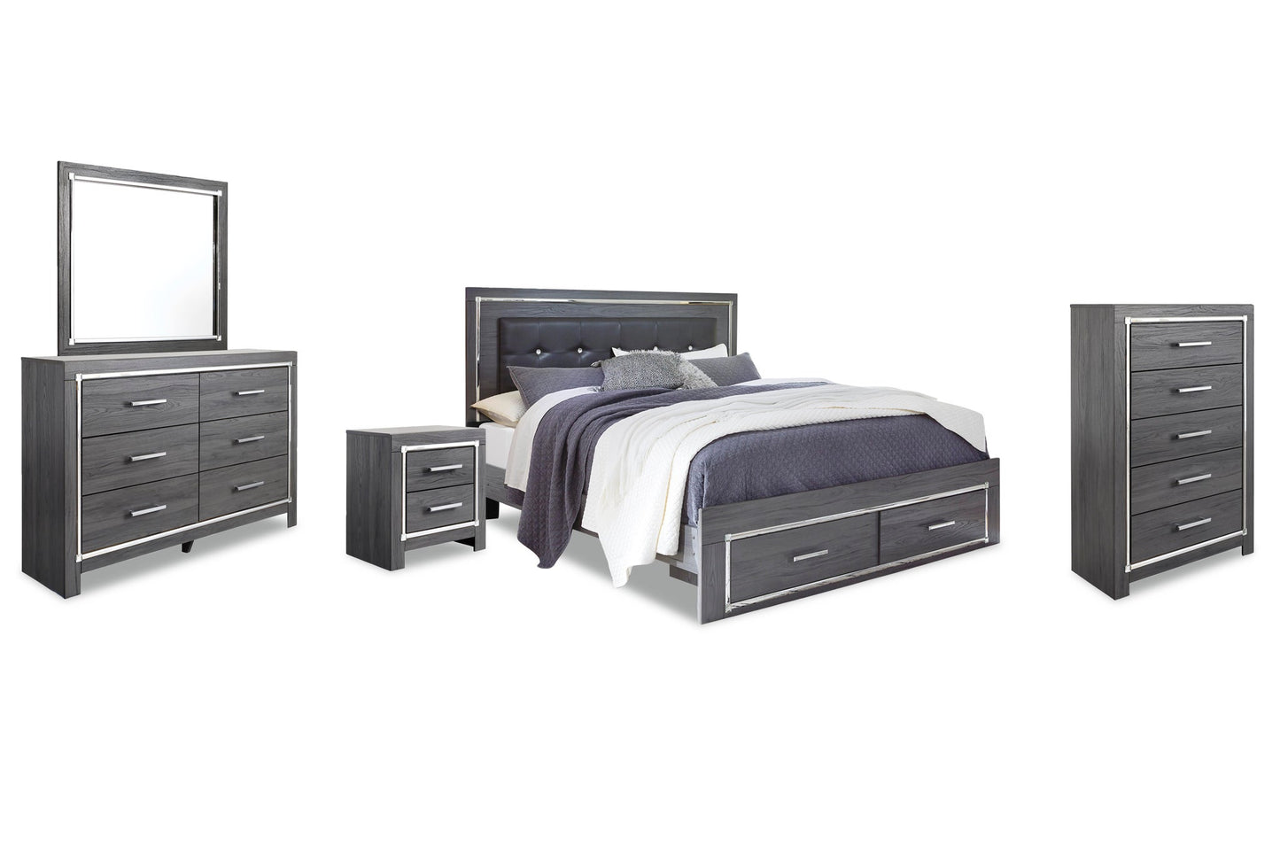 Cama King Lodanna con dos cajones, cómoda con espejo y mesita de noche
