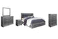 Cama King Lodanna con dos cajones, cómoda con espejo y mesita de noche