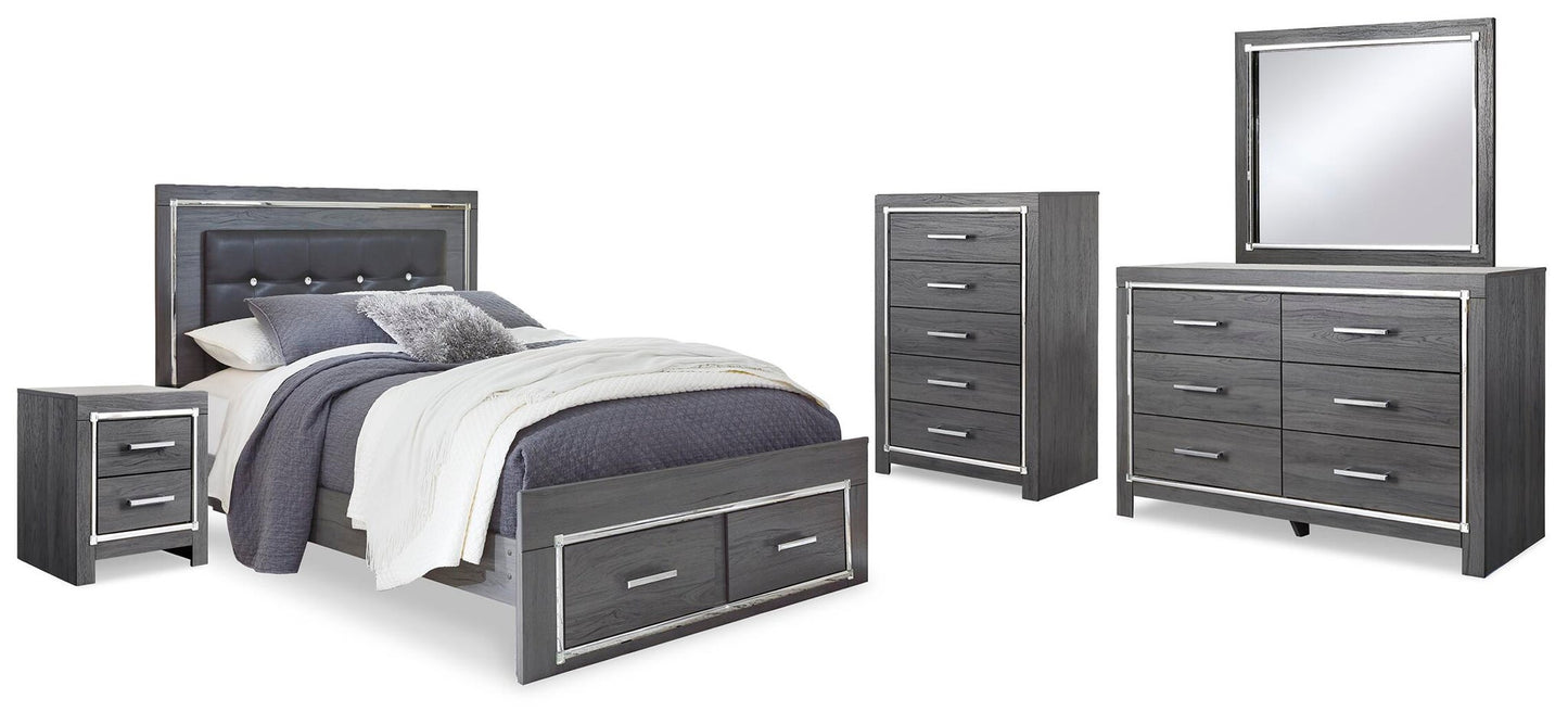 Cama Queen Lodanna con dos cajones, cómoda con espejo y mesita de noche