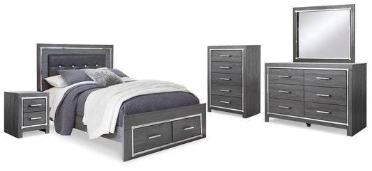 Cama Queen Lodanna con dos cajones, cómoda con espejo y mesita de noche