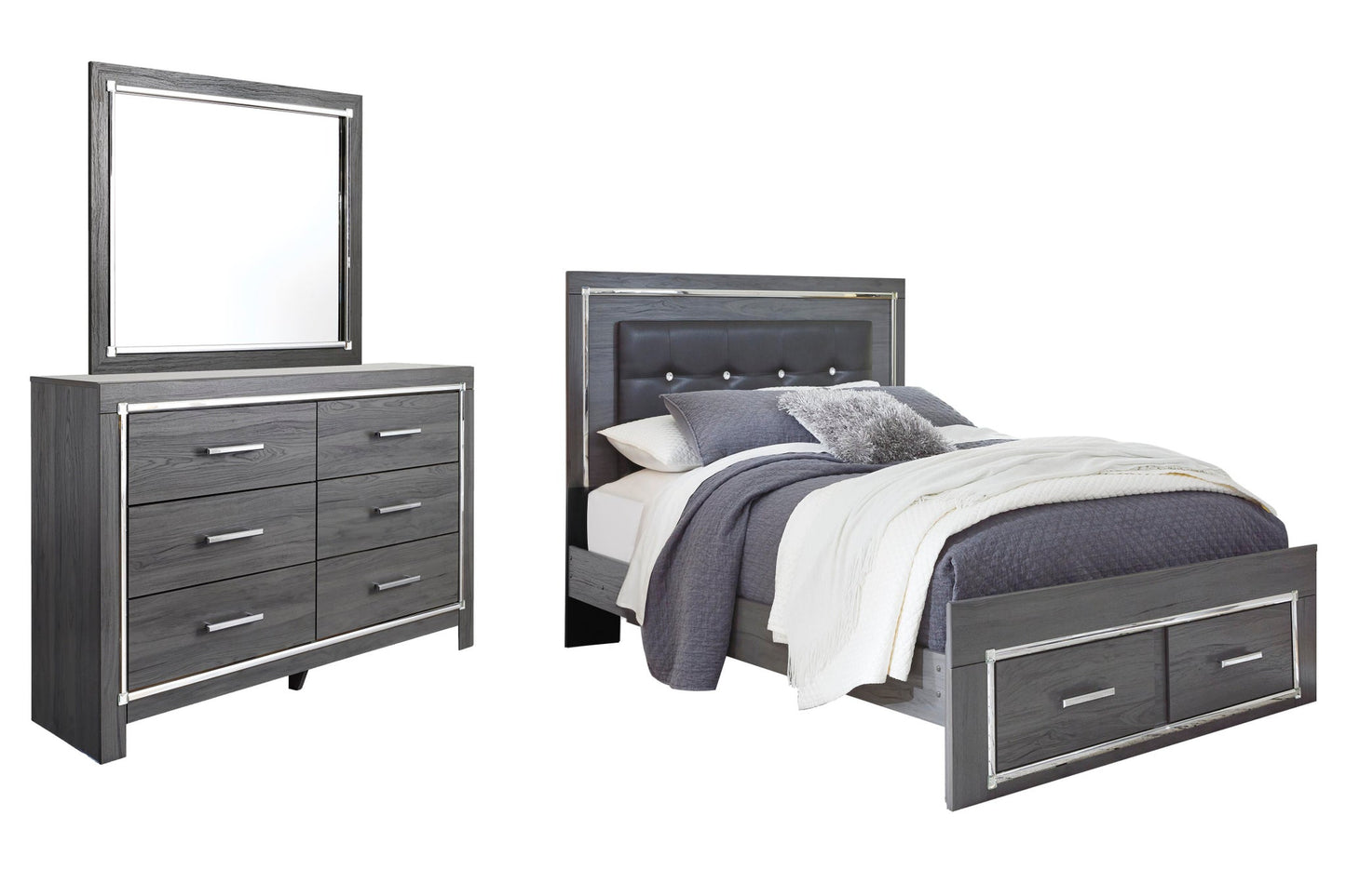 Cama Queen Lodanna con dos cajones y tocador con espejo
